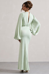 Light Green Puff-Sleeve Cut-Out Maxi Dress